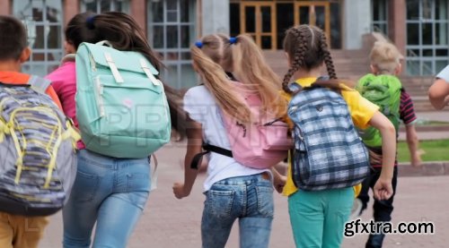 School Kids With Backpacks Running 744323