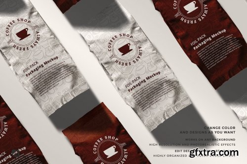 CreativeMarket - Flat Lay Foil Pouch Packaging Mockup 6276345