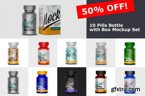 CreativeMarket - Pills Bottle with Box Mockup Set 6374641