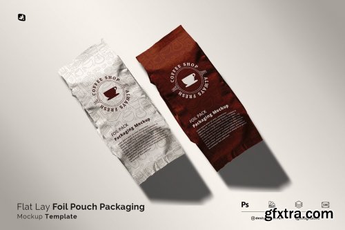 CreativeMarket - Flat Lay Foil Pouch Packaging Mockup 6276345