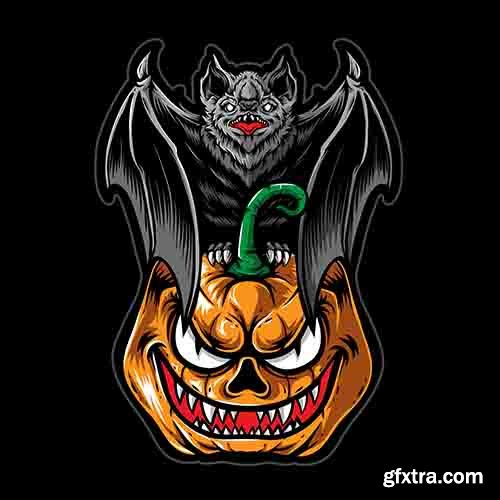 Scary bat with pumpkin halloween vector logo