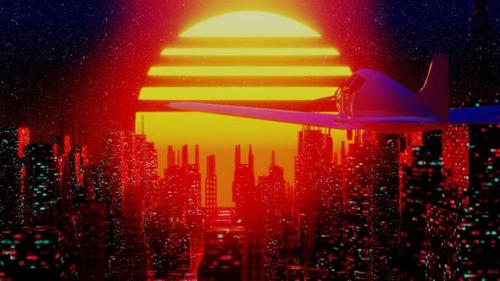 Videohive - Airplane Flying Over Retro Futuristic City in Space - 34066123 - 34066123