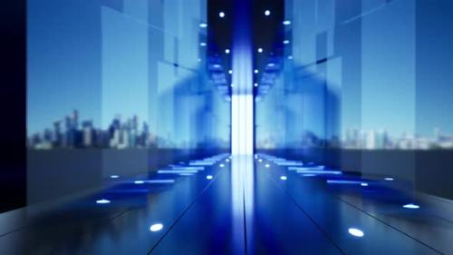 Videohive - Company Background, Blue Glass Panels Along The Corridor Extending With Buildings In The Back A2 - 34136001 - 34136001