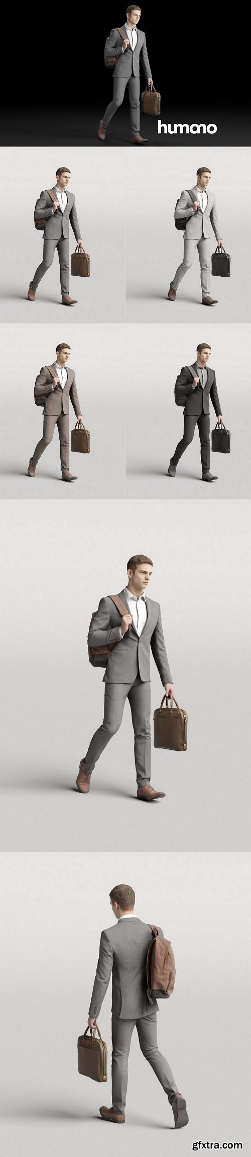 Elegant man walking with a briefcase and backpack 3D model