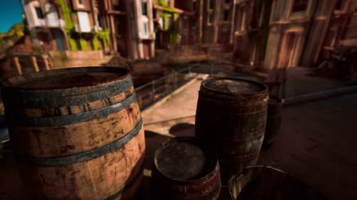 Videohive - Old Wooden Wine Barrels in a Sea Town Port - 34136990 - 34136990