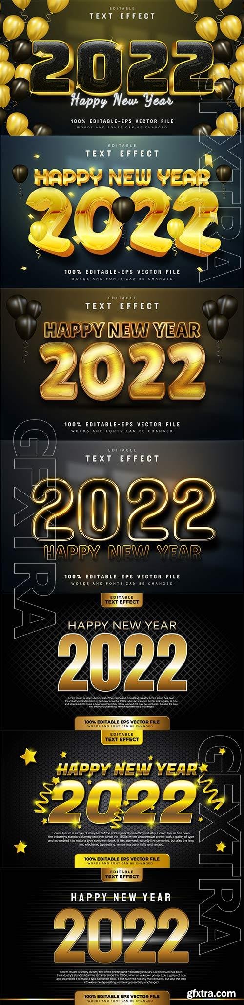 Happy new year 2022 gold 3d editable text effect premium vector