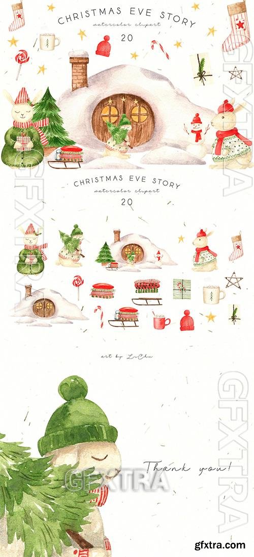 Watercolor Christmas Rabbits and House Clipart CV8WJJV