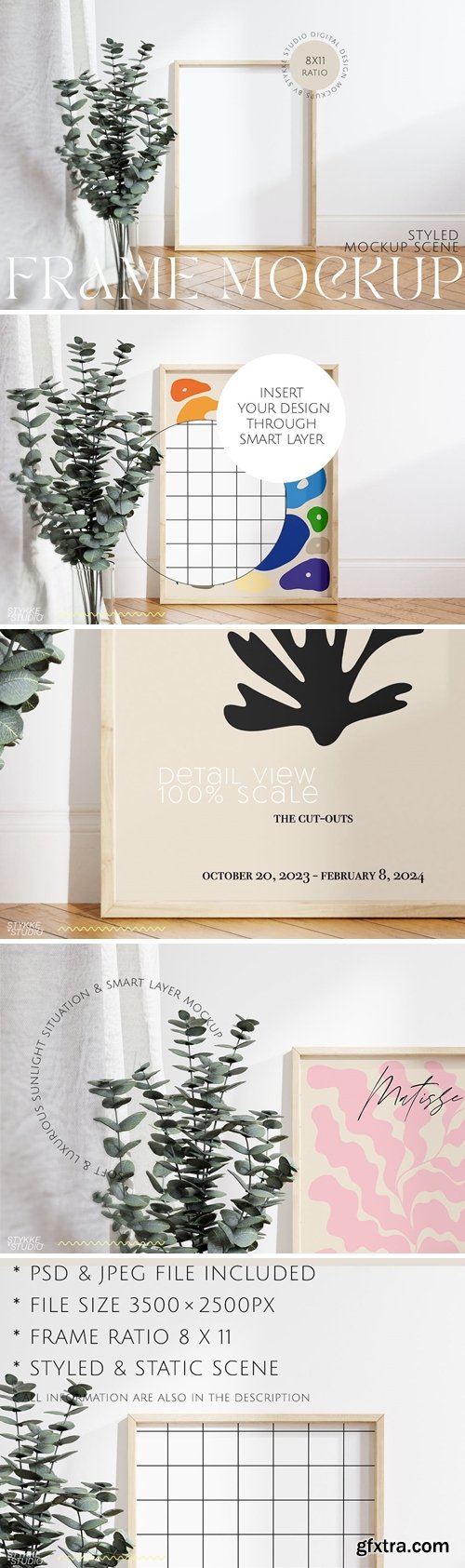 Frame Mockup on wooden floor with eucalyptus vase