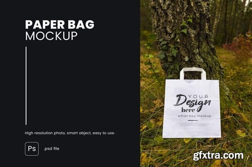 White paper bag in the forest – Mockup