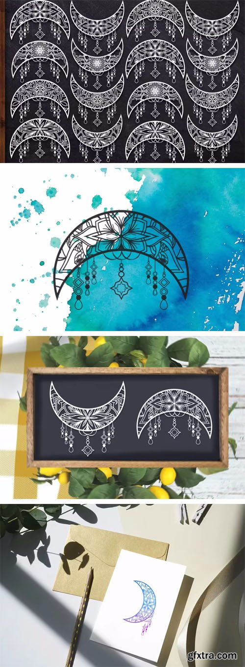 Crescent Moon Vector Ornaments - SVG Silhouette Cut Files