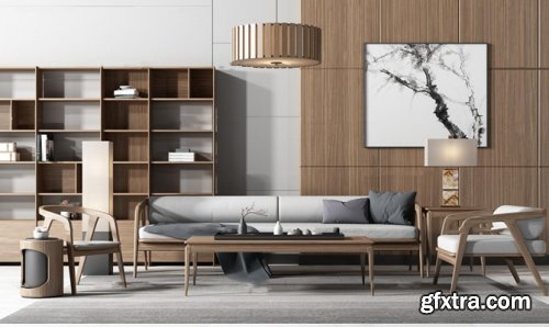 Nordic solid wood sofa / lounge chair / tea table decoration cabinet combination 3D model