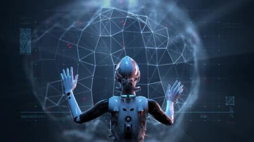 Videohive - sci-fi woman robot , large holographic interface - 34212748 - 34212748