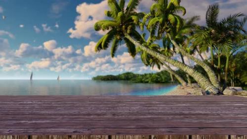 Videohive - Empty wooden planks with blur beach on background 4K - 34228741 - 34228741
