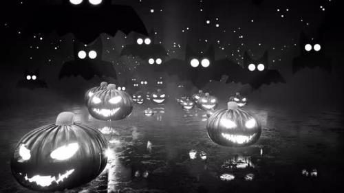 Videohive - Halloween Jack Lanterns And Bats Dark Black And White Background 4k - 34228923 - 34228923