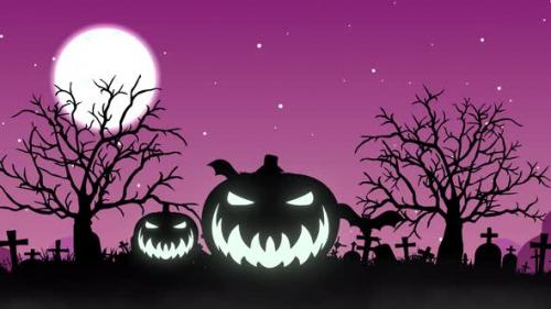 Videohive - Halloween Background Animation Dark Night Halloween Background with Pumpkins and Bats Flying Over - 34278631 - 34278631