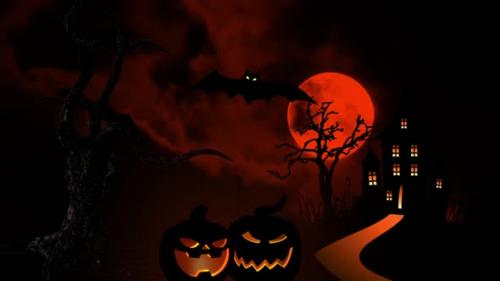 Videohive - Halloween Blood Red Moon in Black Sky on Background House Silhouette Bare Trees Orange Pumpkin and - 34303057 - 34303057