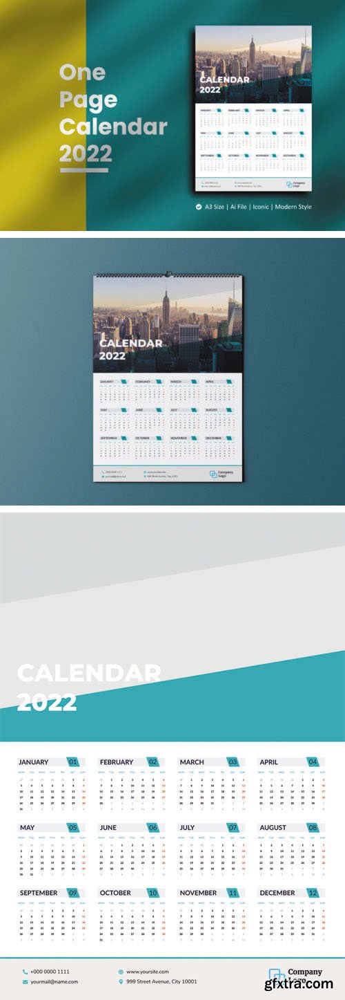 2022 One Page Wall Calendar Vector A3 Template