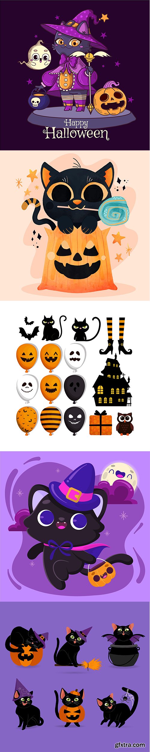 Hand-drawn flat halloween cats illustrations