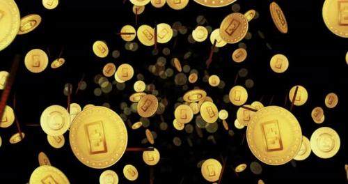 Videohive - Theta Network cryptocurrency looped flight between golden coins - 34446453 - 34446453