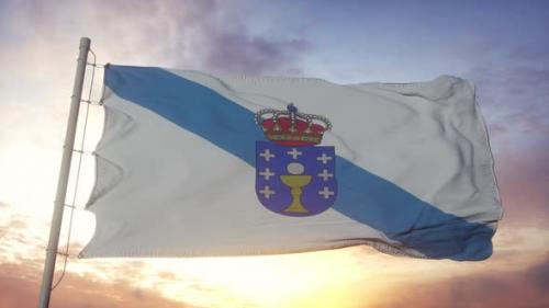 Videohive - Galicia flag, Spain, waving in the wind, sky and sun background - 34344968 - 34344968