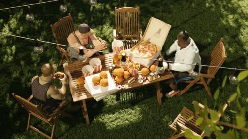 Videohive - Garden party. Friends eating hot dogs and hamburgers setting around the table. - 31908340 - 31908340