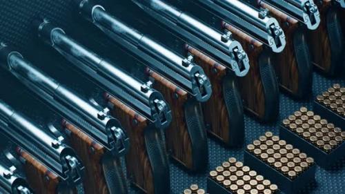 Videohive - Shiny pistols with bullets. Guns. Munition depot. Ammo dump. Military equipment. - 31908400 - 31908400