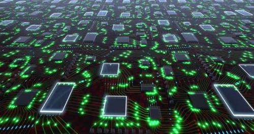 Videohive - Flight Over 3D Gark Printed Circuit Board with Green Pulsating Lights of Digital Components - 34491088 - 34491088