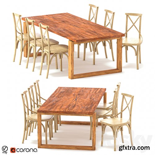 ODGER Table and 6 Teak Cross Back Dining Chair