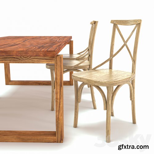 ODGER Table and 6 Teak Cross Back Dining Chair