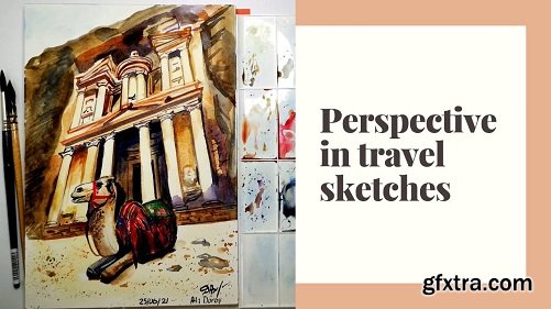 How to create perspective in travel sketches? Petra in watercolors