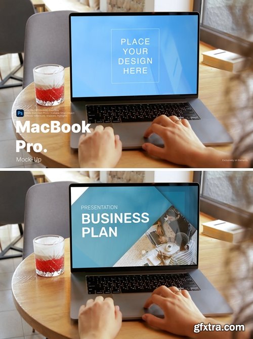 Mockup template: woman works on Macbook Pro laptop