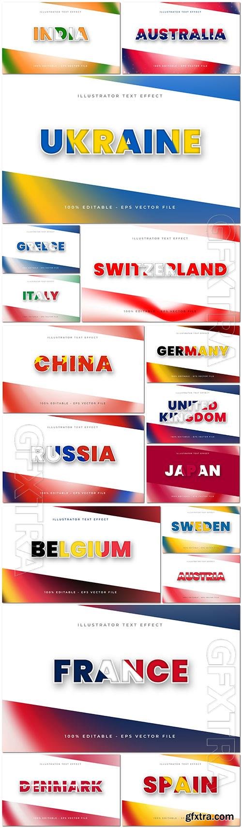 Text effect different countries of the world in vector