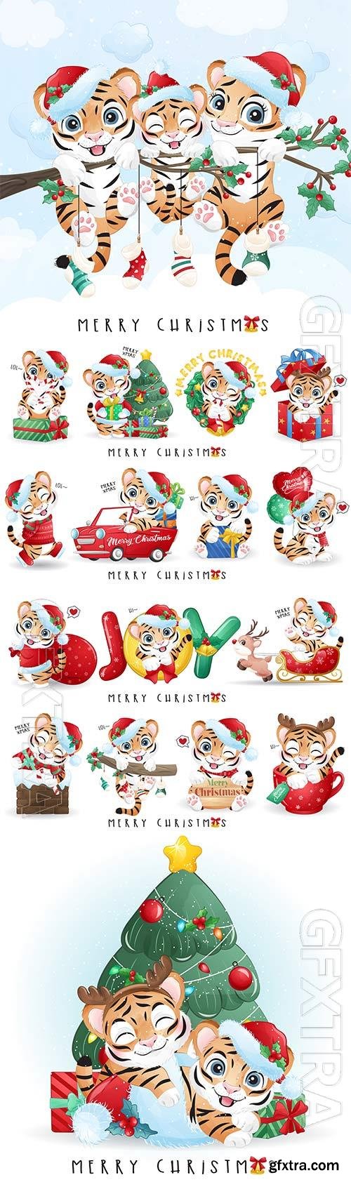 Cute doodle tiger for merry christmas illustration set premium vector