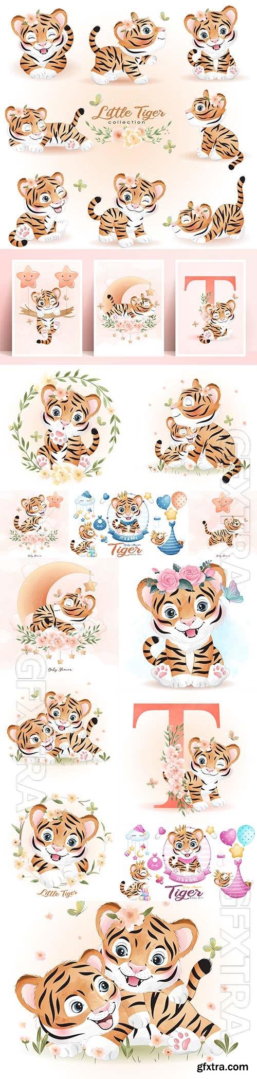 Cute doodle tiger with watercolor illustration set premium vector