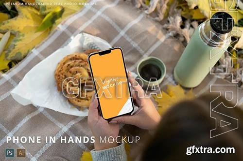 iPhone 13 Pro Max in Woman Hand Autumn Park Mockup Y9HTKRY