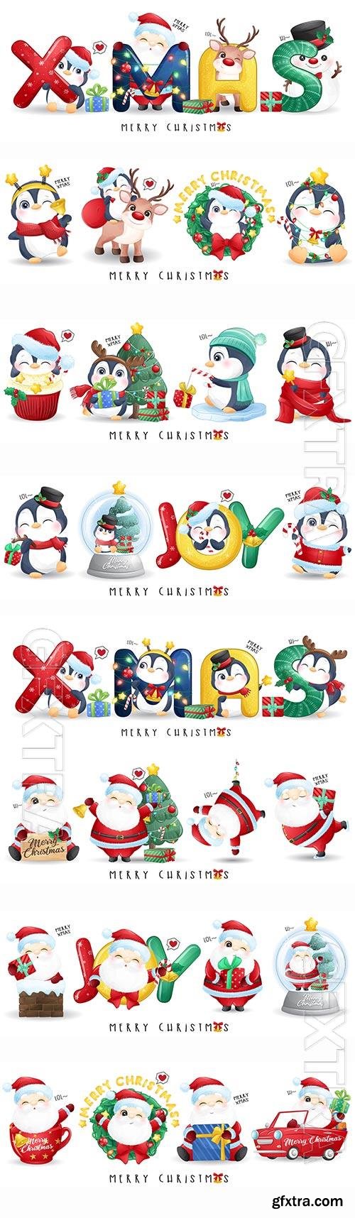 Santa claus and friends for merry christmas illustration premium vector