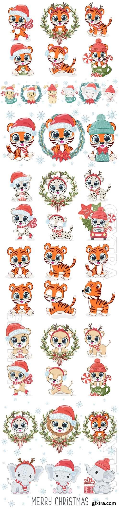 Cute animals for the new year and christmas vector illustrations