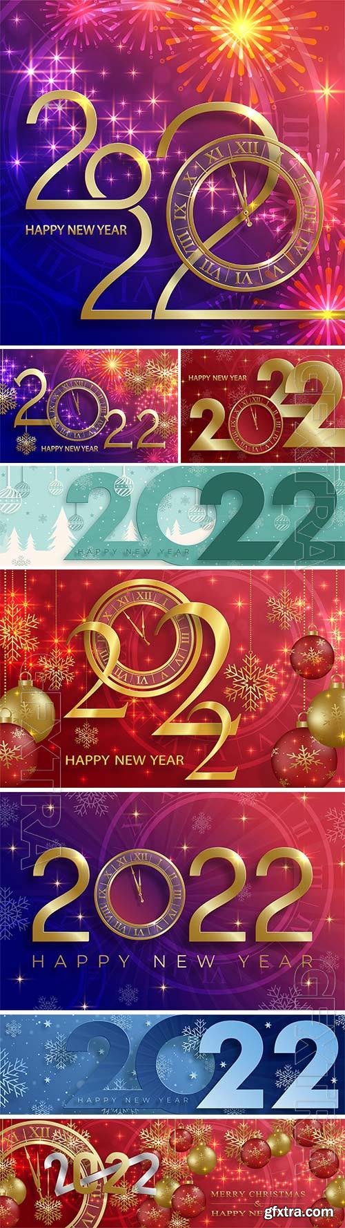 Happy new year 2022, christmas balls and snowflakes concept on color vector background