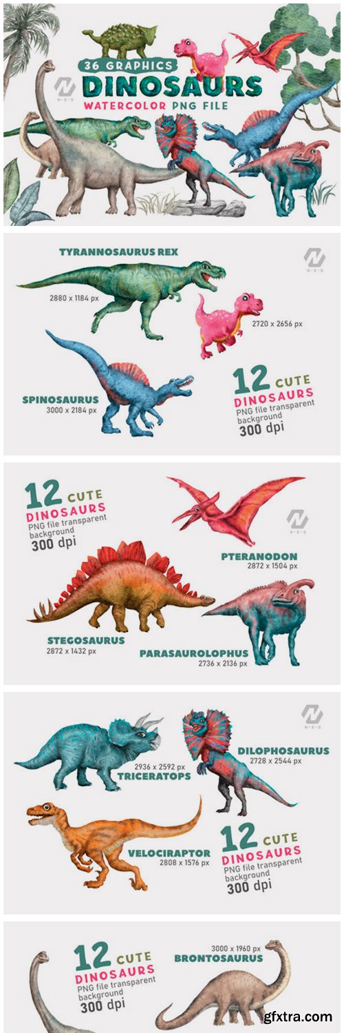 Cute Dinosaurs Watercolor PNG Clipart 19778878