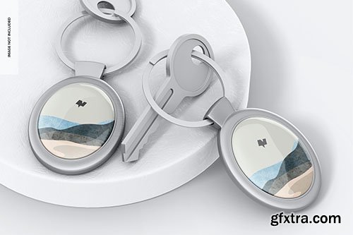 Metallic oval keychain with key mockup