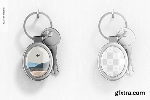 Metallic oval keychain with key mockup