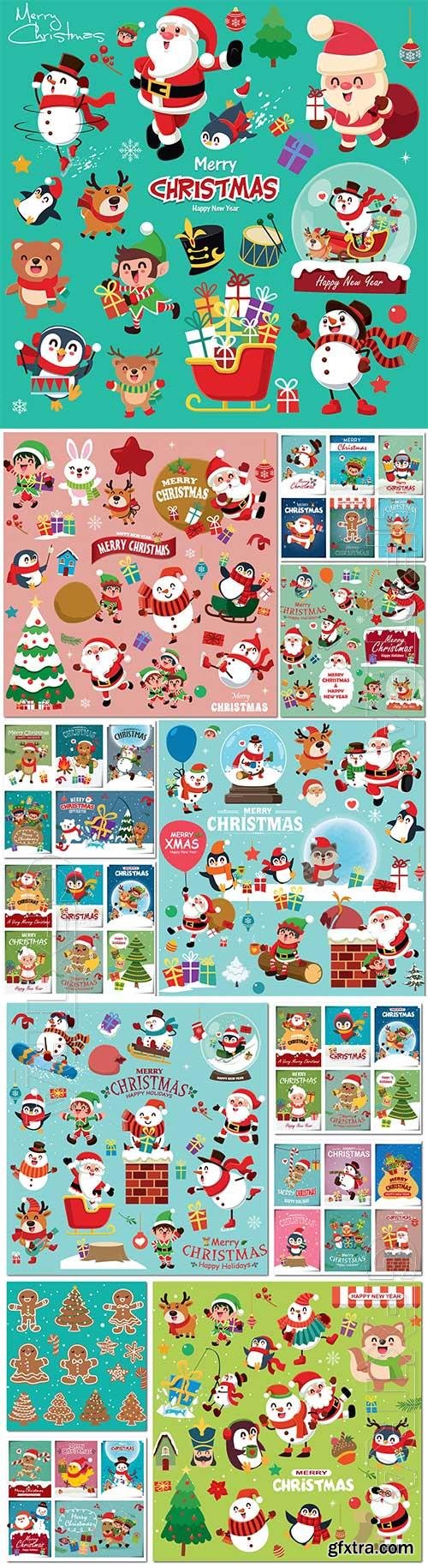 Vintage christmas poster design with vector snowman reindeer penguin santa claus premium vector