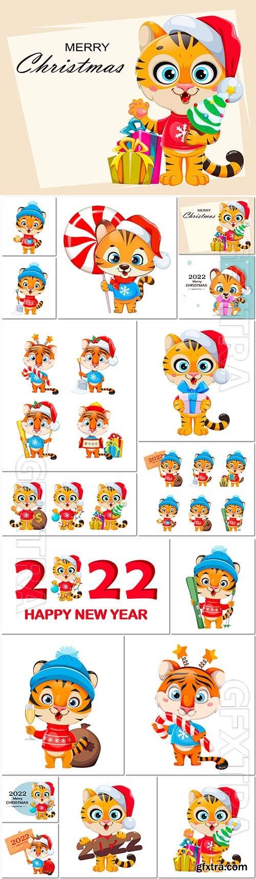 Merry christmas, cute tiger in santa hat holding 2022 sign, vector illustration