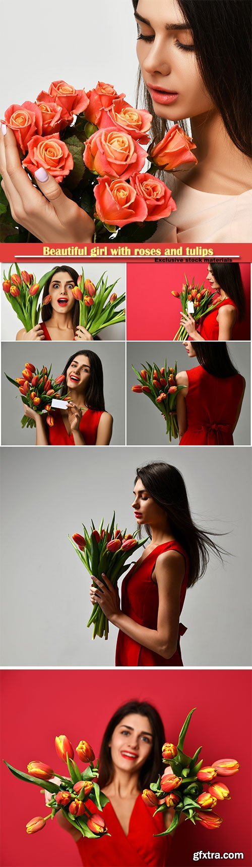 Beautiful girl with roses and tulips