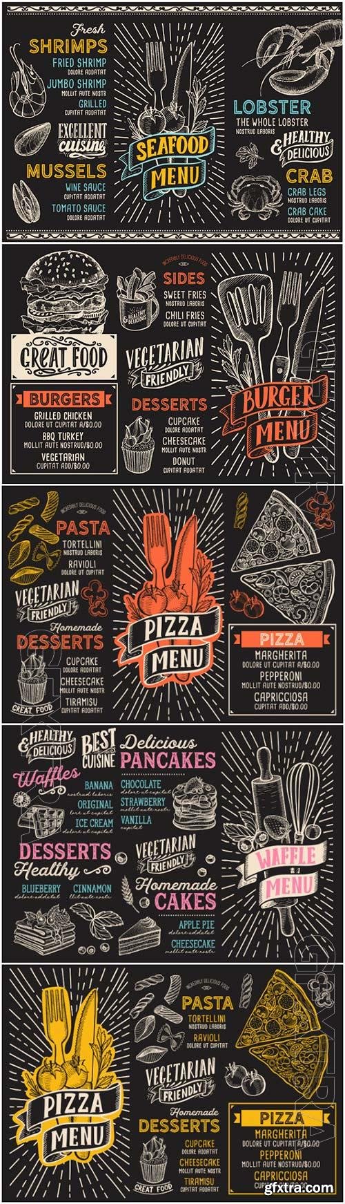 Pizza, desserts and seafood, menu in vintage style in vector