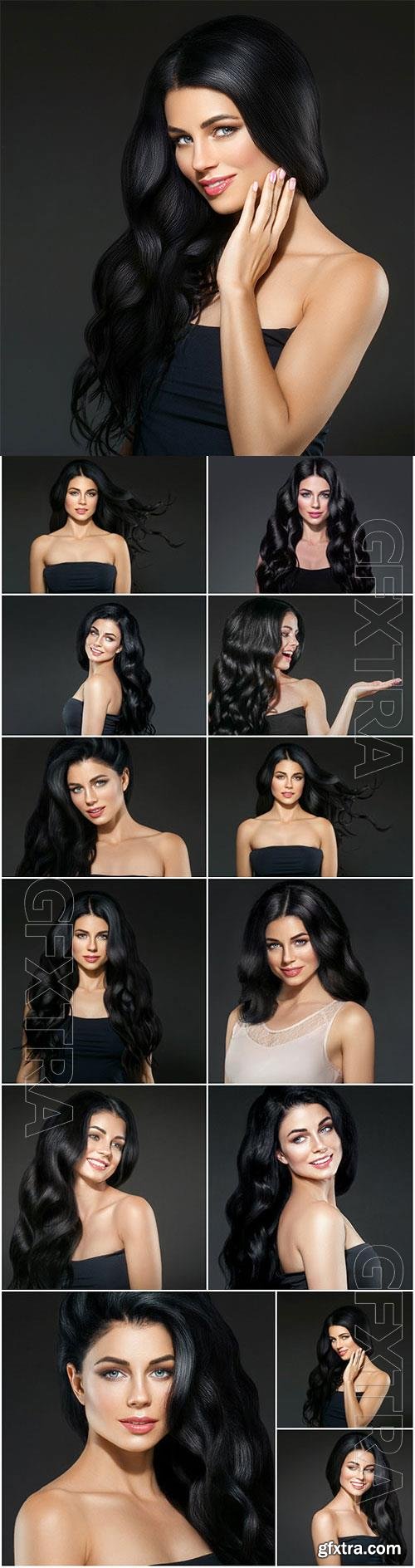 Luxury girl with black long hair stock photo