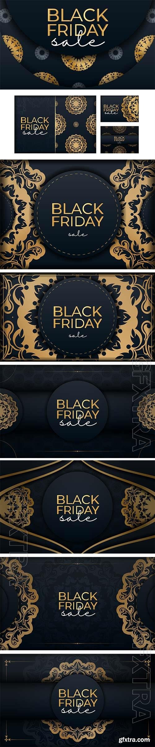 Black friday sale poster with vintage gold pattern premium vector