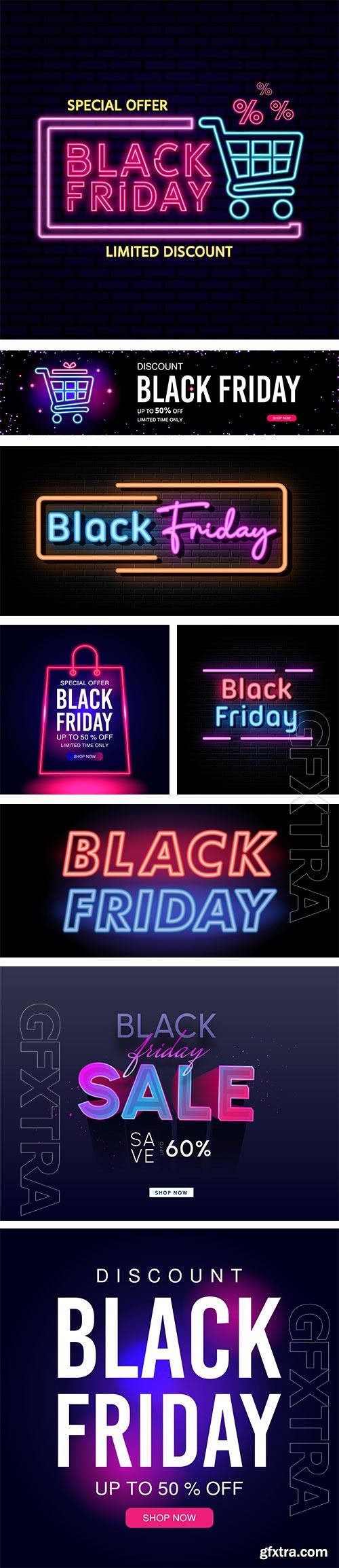 Black friday neon signs vector design template premium vector