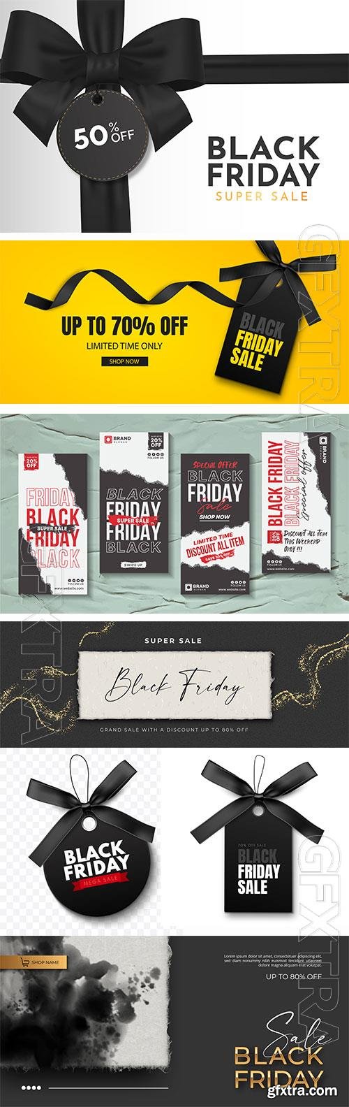 Black friday sale banner with vector realistic 3d objects