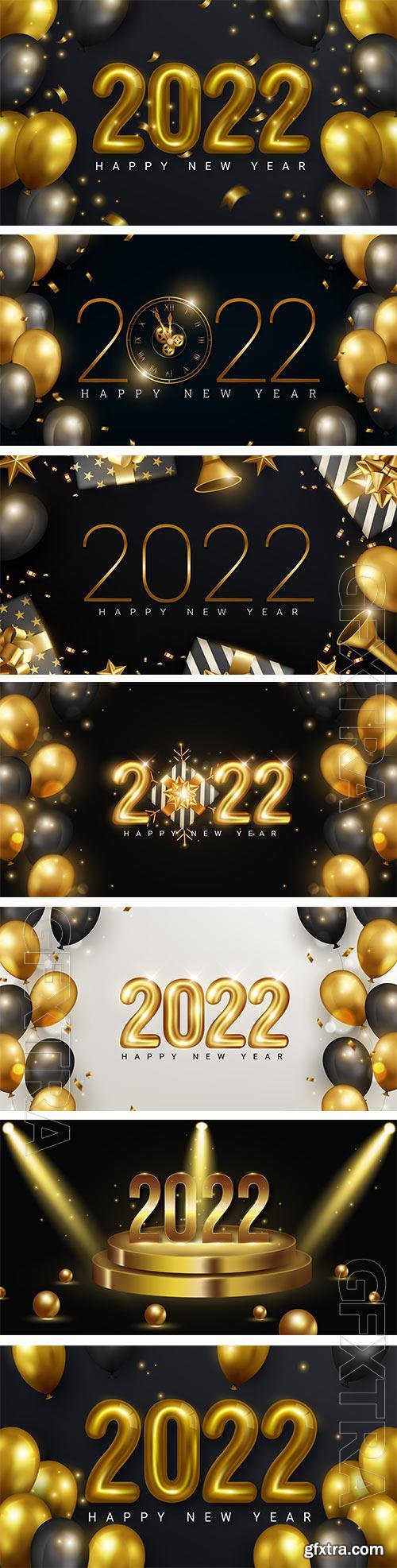 2022 number made by sparkle lights with golden balloons and stars for happy new year concept